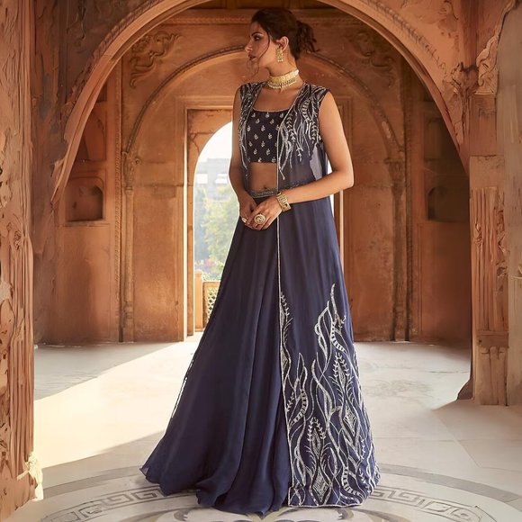 Dark Blue Hand Embroidered Jacket Lehenga Set - Picture 1 of 10